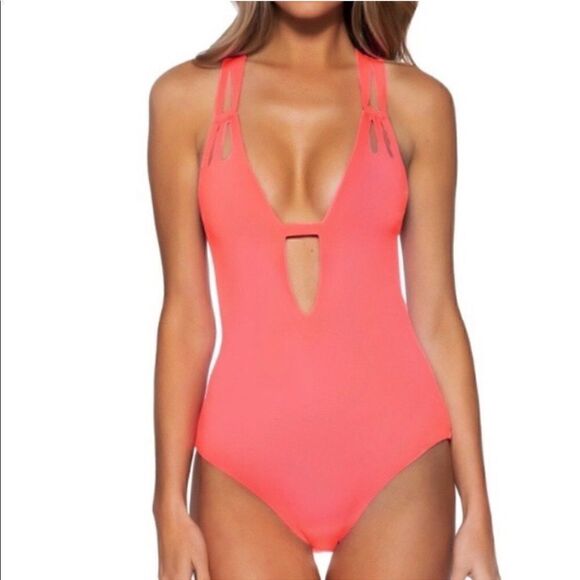 🆕 BECCA Skylar Color Code Plunge One Piece Swimsuit! coral swimsuit - Picture 6 of 6